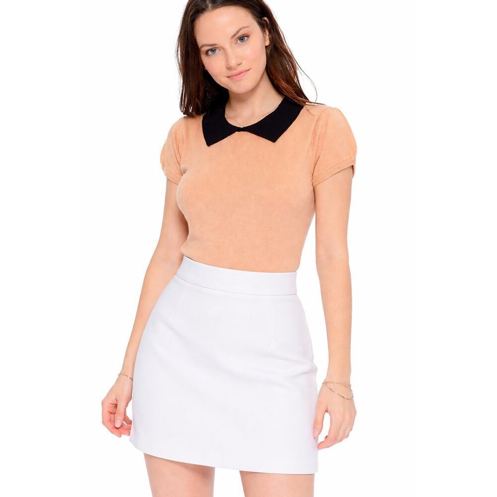 Tan Knit Top w Black Contrast Peter Pan Collar Short Sleeve Size Large - Hey Viv